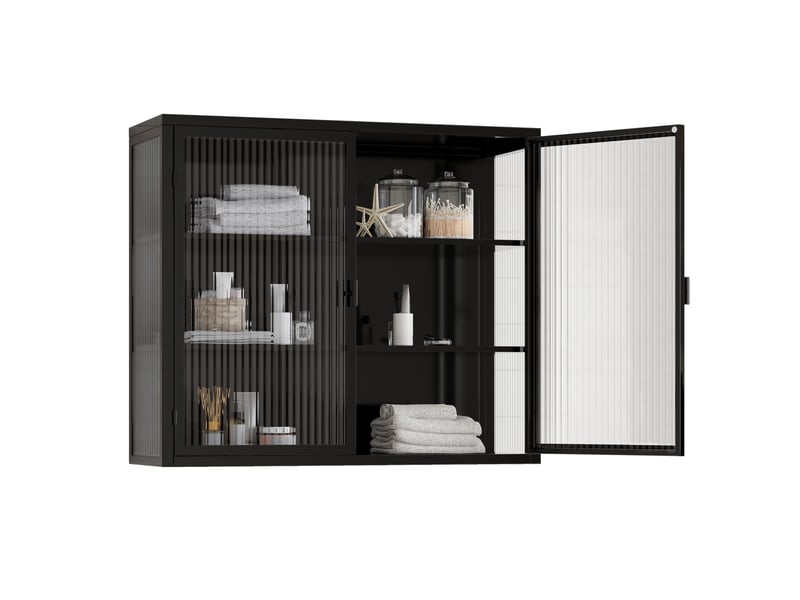  Armoire murale 2 portes 70 x 23 x 60 cm – noire – verre trempé strié, 3 niveaux de rangement modulables  - Conforama A