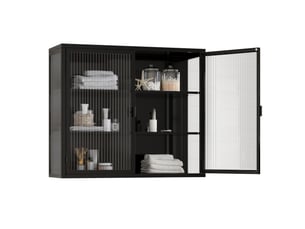 Armoire murale 2 portes 70 x 23 x 60 cm – noire – verre trempé strié, 3 niveaux de rangement modulables