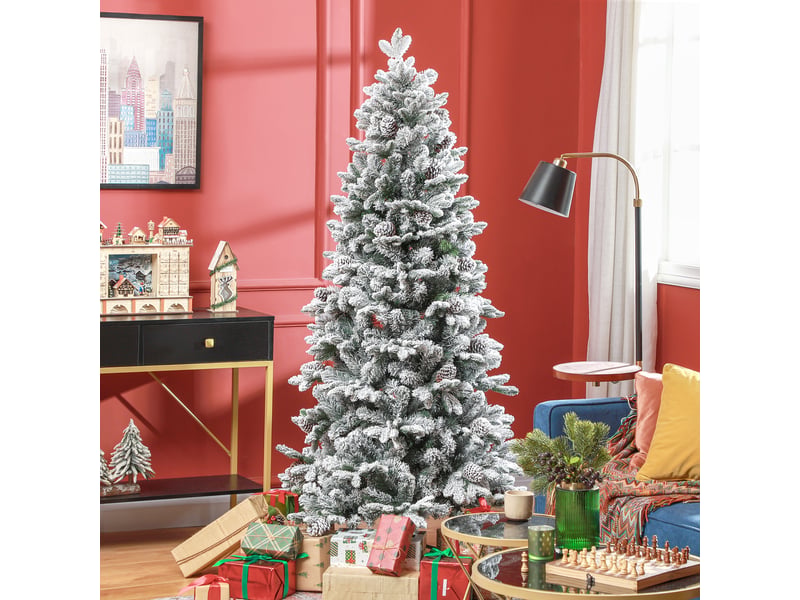  Sapin de noël artificiel 180 cm arbre de noël avec support en métal 1489 branches enneigées, pommes de pin, vert  - Conforama C