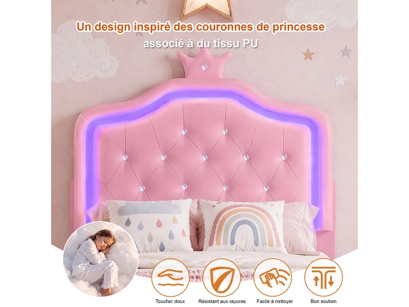 Lit rembourré 140x200 cm avec 2 tiroirs, lit capitonné avec tête de lit couronne lumineuse led, lit capitonné avec tête de lit réglable, pu, blanc, sans matelas - Conforama E