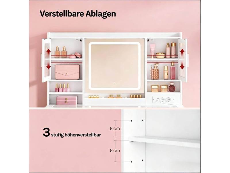  Coiffeuse moderne avec miroir et éclairage led, plateau en verre trempé, grand espace de rangement, blanche  - Conforama E