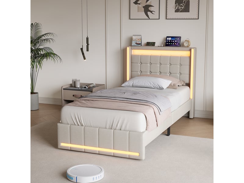  Lit rembourré 90 x 200 cm avec éclairage led, port de chargement usb, double tiroir, beige  - Conforama E