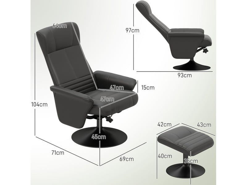  Fauteuil relax inclinable pivotant 360° avec repose-pieds noir  - Conforama D