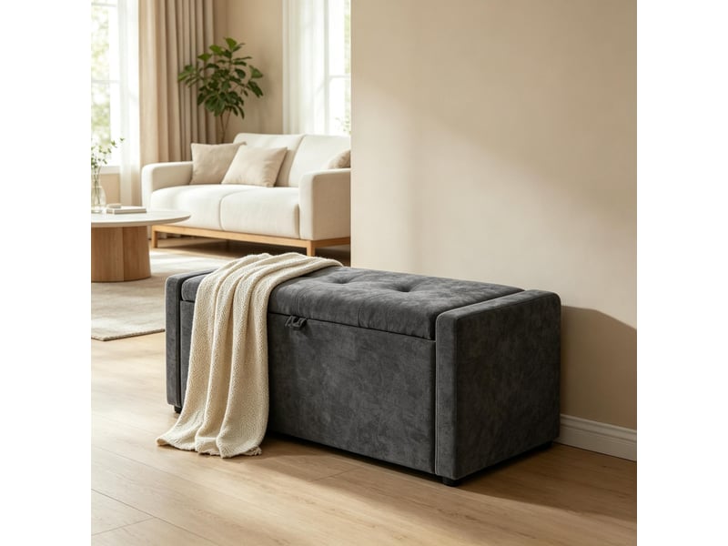  Banc coffre beige en lin, bout de lit avec rangement, repose-pieds rembourré, grande assise  - Conforama B