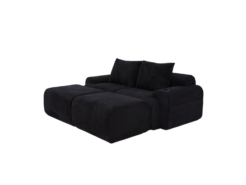 Canapé modulaire 2 places 200x174x80 cm avec 2 poufs, porte-gobelet et poche noir - Conforama A
