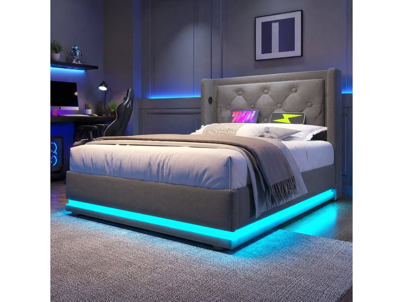  Lit coffre 90 × 200 cm 1 place avec led 3 côtés, usb et type-c, matelas inclus, tissu coton gris  - Conforama B
