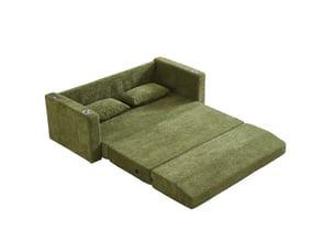 Canapé convertible 2 places pliable avec usb, porte-gobelets, poches latérales et 2 coussins en velours vert