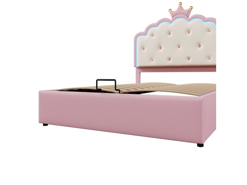 Lit coffre enfant 140x200cm avec led, rangement, style princesse, sommier, pu+mdf, rose, sans matelas - Conforama R