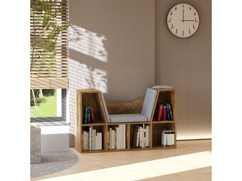  Bibliothèque banc 2 en 1 avec coussins de siège, étagère cube 6 compartiments ouverts, 102 x 30 x 61 cm, brun rustique  - Conforama C