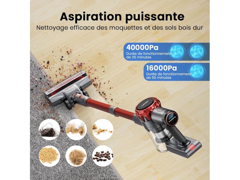  Aspirateur balai sans fil 6-en-1 300 w – gris et rouge – aspiration 40 000 pa, brosse led anti-enchevêtrement  - Conforama E