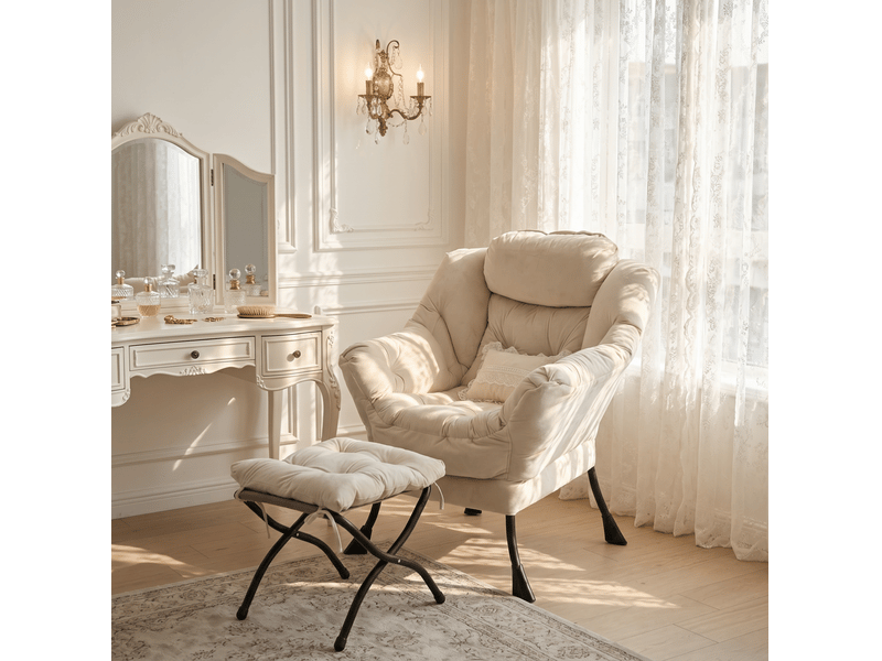  Fauteuil relax avec pouf, fauteuil avec accoudoirs, pochette latérale &amp; repose-pieds, fauteuil d'angle, fauteuil tv, fauteuil oreille pour salon, chambre, bureau (beige)  - Conforama C