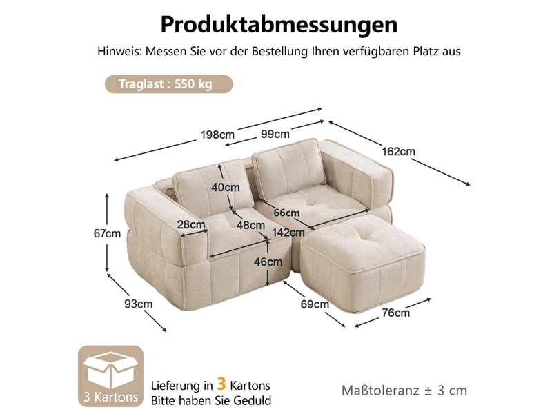 Canapé d'angle modulable 2 places en polyester, forme l avec pouf, beige - Conforama C