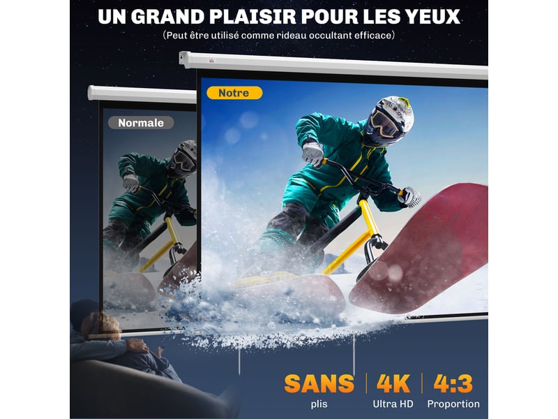  Écran de projection de 84 pouces, écran vidéoprojecteur, 4:3 4k hd, fixation mur ou plafond, blanc, 181l x 8p x 138h cm  - Conforama A