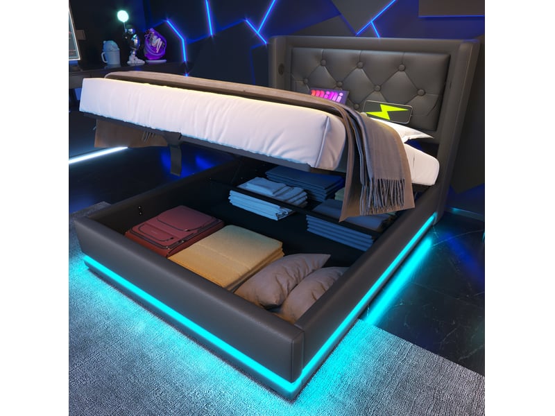  Modenvie lit coffre 90x200 cm - tête de lit capitonnée, led 3 faces, sans matelas - noir  - Conforama B