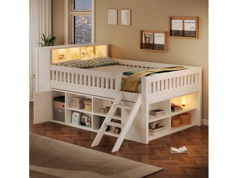 Lit surélevé 140x200 cm avec éclairage led et rangements intégrés, tiroir fermé, mdf et pin, blanc sans matelas - Conforama E
