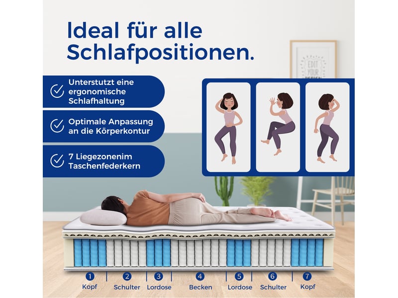  Matelas 140x200 cm - épaisseur 25 cm, indice h3, 7 zones, pourtour renforcé, ressorts ensachés et mousse de confort, certifié oeko-tex, blanc cassé Luxe haut de gamme - Conforama E