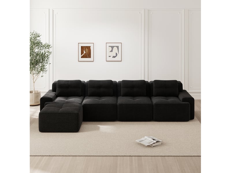  Canapé modulable 4 places 382x177x69 cm, sans montage, assise profonde, en velours côtelé, noir  - Conforama D
