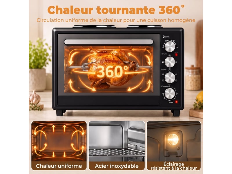  Mini-four avec 2 plaques de cuisson et broche rotative 46l 2850 w, four à convection multifonction, minuterie, noir  - Conforama R