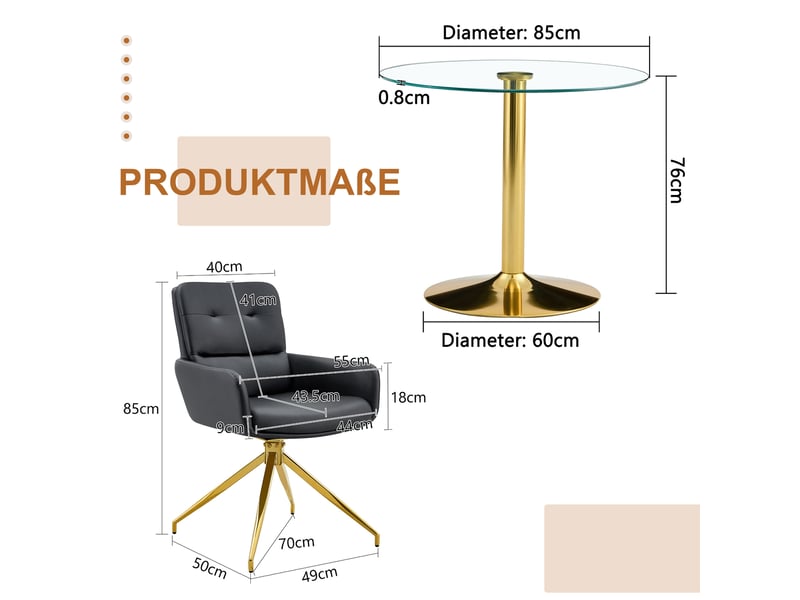  Ensemble table et chaises 2 places, table ronde en verre trempé transparent et métal doré, 2 fauteuils noirs pivotants  - Conforama C