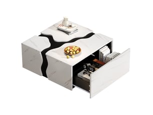 Table basse cubique avec 1 tiroir à ouverture par pression, finition aspect marbre blanc, pour salon, 70 × 70 × 31 cm