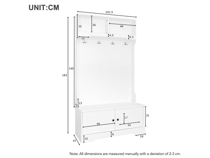  Meuble d'entrée avec banc, 2 portes, 2 niches et 4 patères, en panneaux de particules blancs  - Conforama D