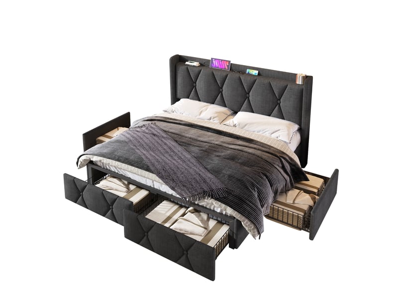 Lit 140x200 cm en tissu gris, tête de lit avec ports usb et 4 tiroirs de rangement pratiques  - Conforama D