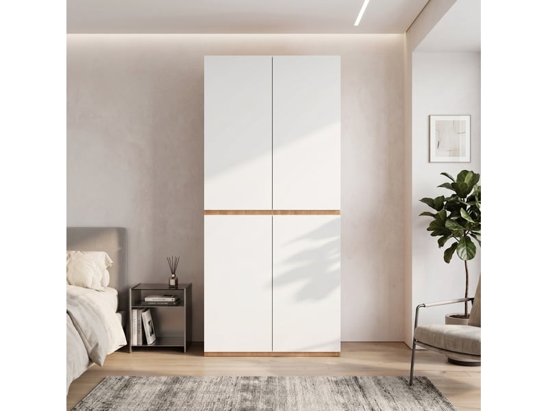  Armoire penderie 90x50x200 cm, 4 portes, 1 barre de penderie, 2 tiroirs, mdf et panneau de particules, blanc, chambre  - Conforama E