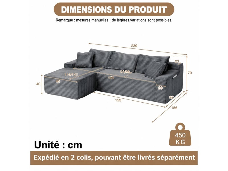  Canapé d’angle en velours côtelé, canapé de sol luxueux, mousse compacte, gauche, salonchambre, 79x239x156 cm, gris  - Conforama C