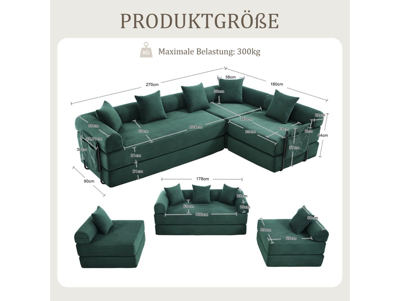  Canapé modulaire 4 places avec couchage d’appoint et poche latérale en velours côtelé vert émeraude 270 × 180 × 64 cm  - Conforama D