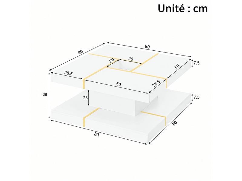  Table basse carrée blanche à 2 niveaux, niche centrale et détails dorés, 80 x 80 x 38 cm  - Conforama C