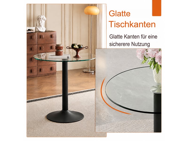  Table de bar ronde 89 cm avec plateau en verre trempé - lpospi - pied métallique stable verre métal noir transparent 89 cm × 92 cm  - Conforama E