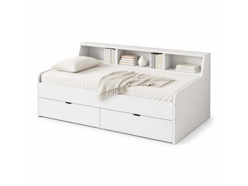 Lit banquette simple 90×200 cm, 2 tiroirs et 3 étagères - sans matelas, pin et mdf - blanc - Conforama A