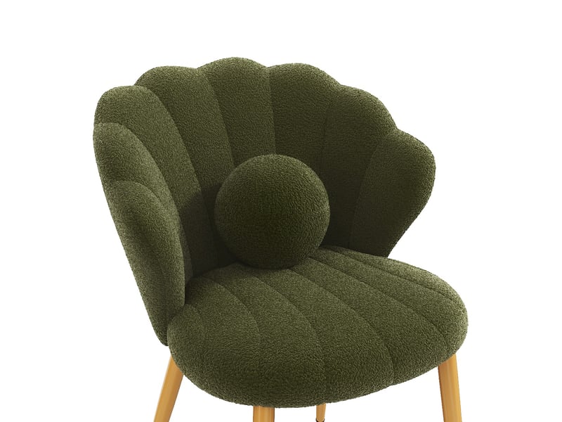  Lot de 4 chaises de salle à manger 60x62,5x83 cm, dossier coquille, coussins ronds, tissu teddy, métal doré, vert  - Conforama D