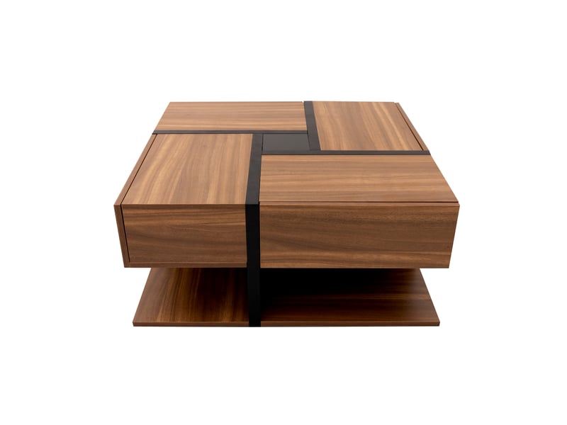 Table basse carrée 78 x 78 x 36 cm en panneaux de particules avec 4 tiroirs et étagère inférieure - noir et effet bois Fay Lum - Conforama A