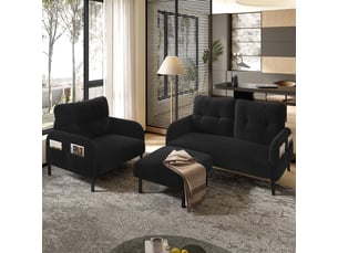 Canapé 2 places noir en velours côtelé avec fauteuil et pouf, pochette latérale intégrée pour salon