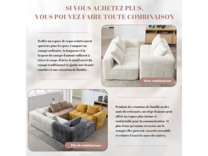 Canapé droit 2 places en chenille beige 158x90x60 cm, coussins inclus, poches latérales, sans assemblage 158x90x60cm - Conforama R