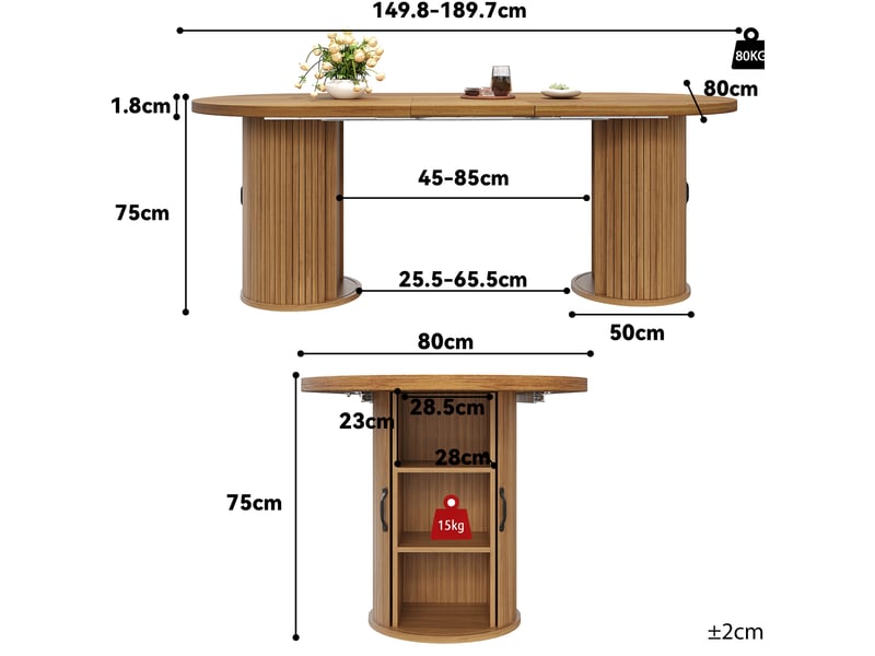 Table à manger extensible, 149,8-189,7x80x75 cm, avec espace de rangement dissimulé, pratique, mdf, coloris brun foncé - Conforama C