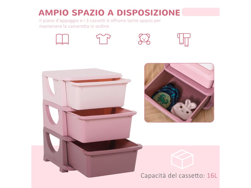  Commode à 6 tiroirs pour enfants de 3 à 6 ans, bords arrondis, meuble de rangement pour jouets en polypropylène, 37 x 37 x 56,5 cm, rose  - Conforama E