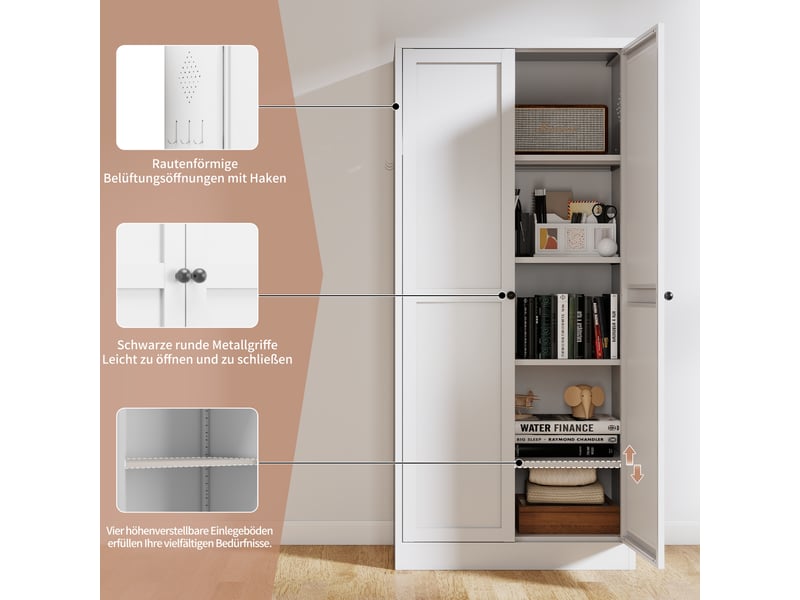  Armoire de rangement métallique blanche pour cuisine, 4 tablettes réglables en hauteur, armoire à provisions autoportante stable  - Conforama E