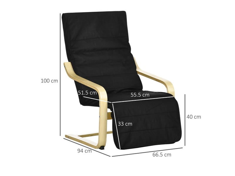  Fauteuil relax à bascule avec repose-pieds réglable, assise rembourrée en polyester noir  - Conforama C