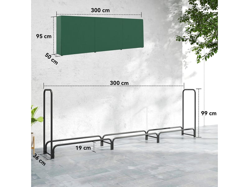  Porte-bûches extérieur réglable avec bâche en pe, capacité 1 m³, 300 x 36 x 99 cm  - Conforama E