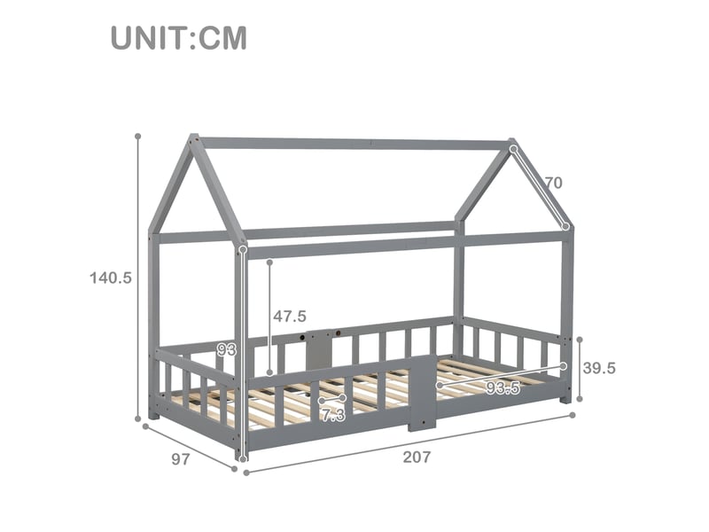  Modenvie lit cabane enfant 90x200 cm - avec tableau suspendu, sommier inclus, sans matelas - gris  - Conforama C