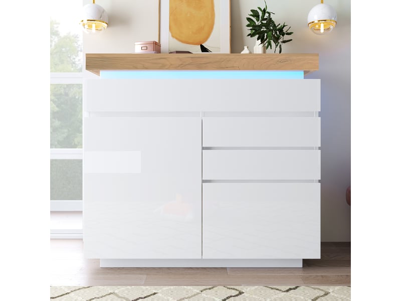  Buffet et enfilade brillant avec 2 portes, 3 tiroirs, étagères réglables et led, en panneaux de particules, blanc, 110 × 39 × 115 cm  - Conforama D