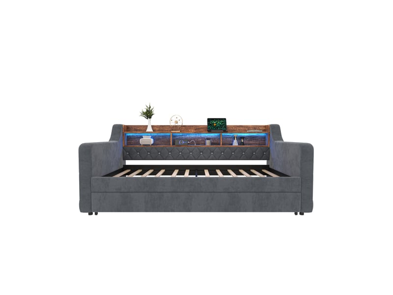  Lit gigogne 1 place en velours avec rangement, usb-c et led réglable, 90x190 cm, sans matelas, gris foncé  - Conforama E