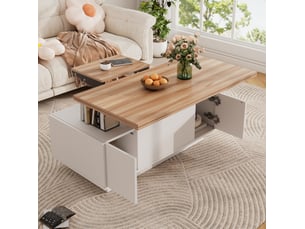 Table basse 100 x 50 cm à double plateau relevable, rangement caché, blanc et bois