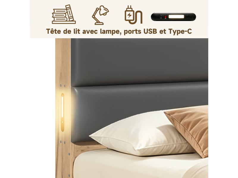  Lit enfant 140x200cm avec grand rangement, tiroirs, port usb et tête de lit rembourrée en pu, lit junior en bois, sans matelas, naturel evarich - Conforama D