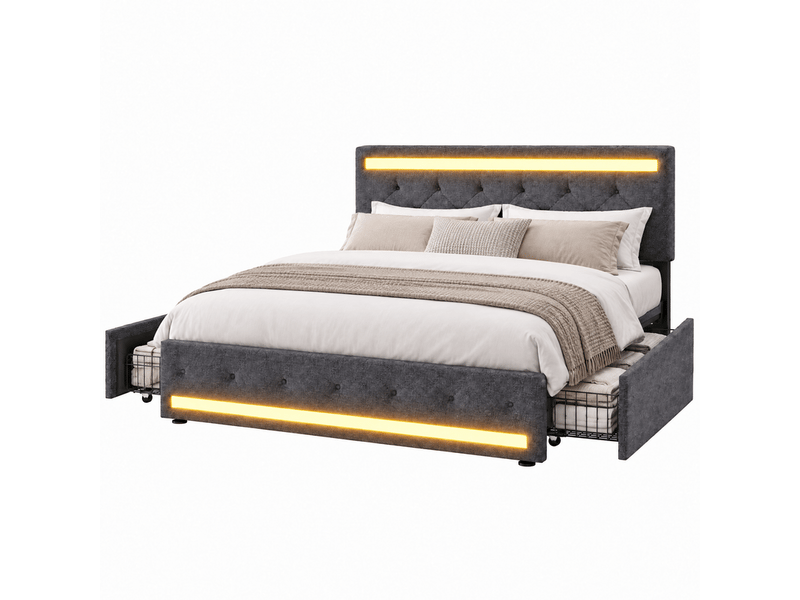  Lit double 140x200 avec led et tiroir, lit capitonnée avec 4 tiroirs cadre de lit avec rangement et tête de lit rembourrée lit 2 personnes avec usb pour adultes et adolescents tissu en lin, sans matelas  - Conforama A