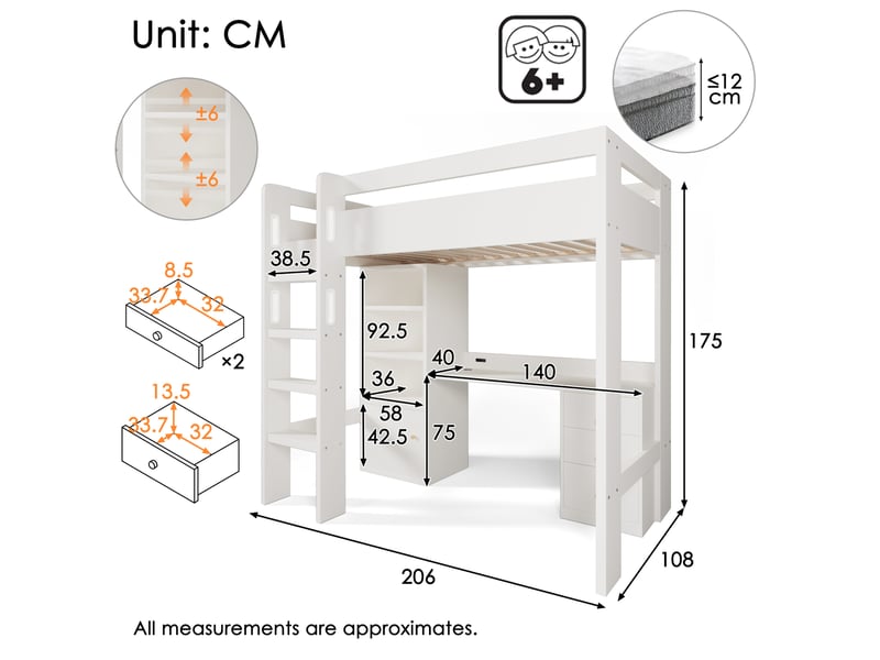 Lit mezzanine enfant blanc 90 x 200 cm avec bureau, rangement et ports usbtype-c - Conforama E