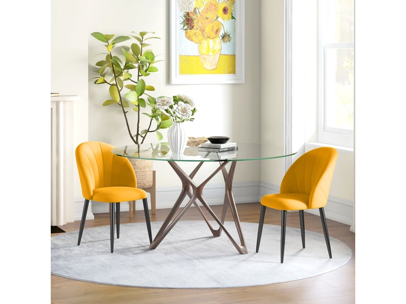  Lot de 2 chaises de salle à manger modernes avec dossier coquille et pieds en métal rembourrées en velours jaune pour cuisine salon bureau  - Conforama B