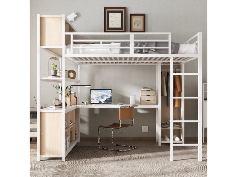  Lit mezzanine 2 personnes 140x200 cm, lit surélevé avec bureau et armoire intégrée, lit combiné adulte et ado en métal et bois, blanc et naturel  - Conforama C